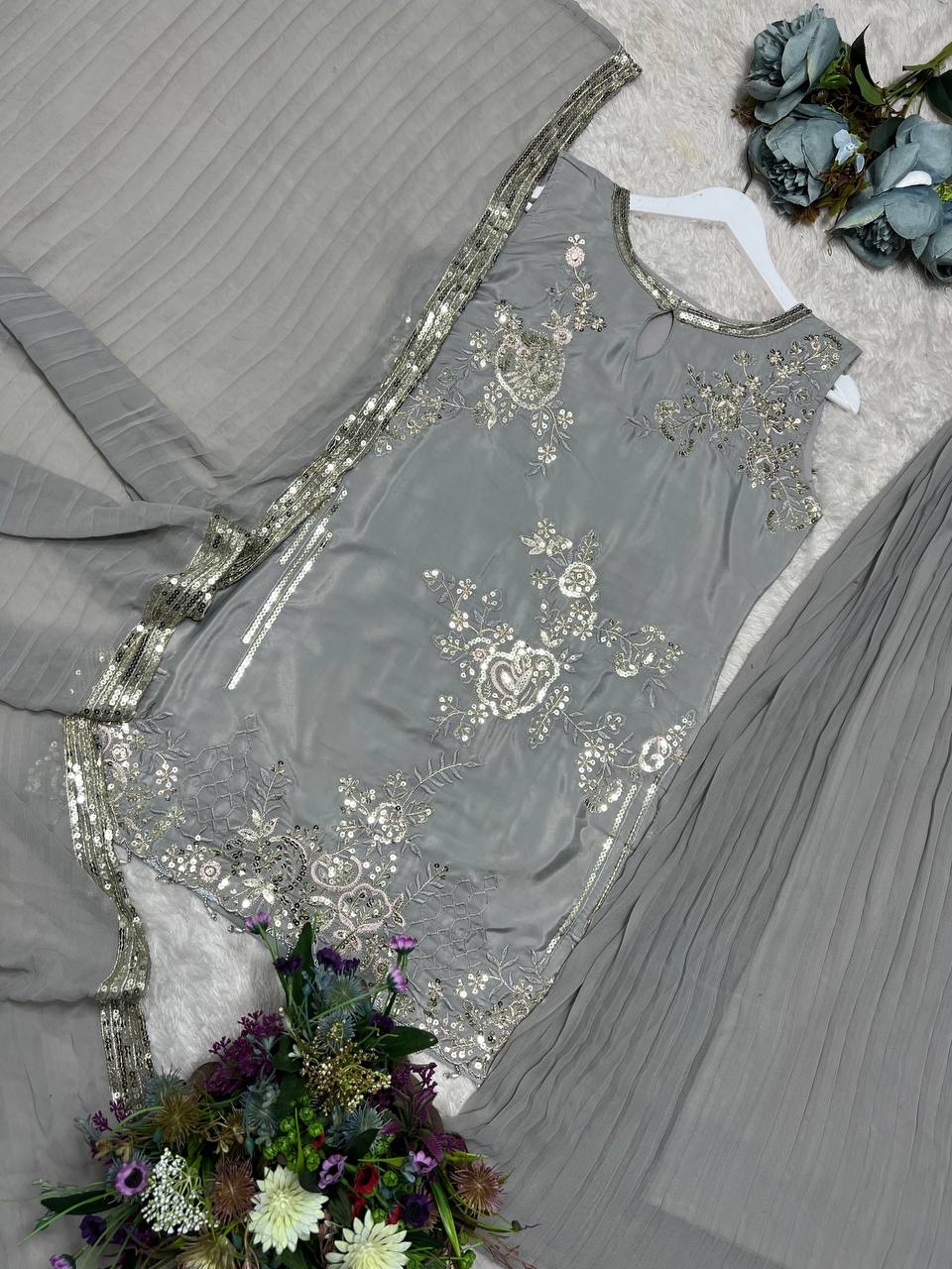 Gorgeous Gray Embroidery Work Palazzo Suit