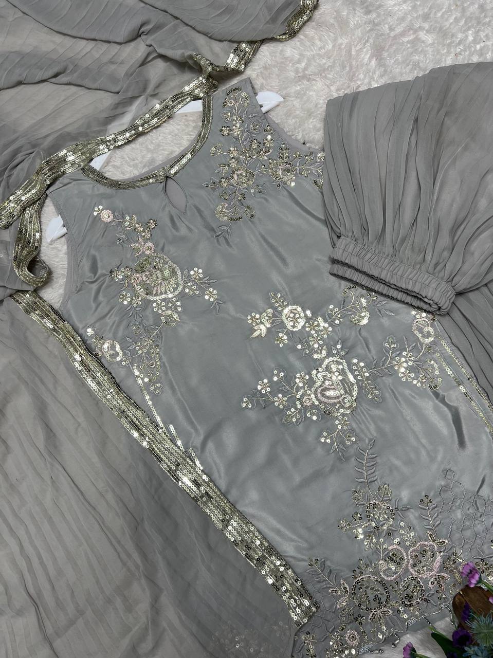Gorgeous Gray Embroidery Work Palazzo Suit