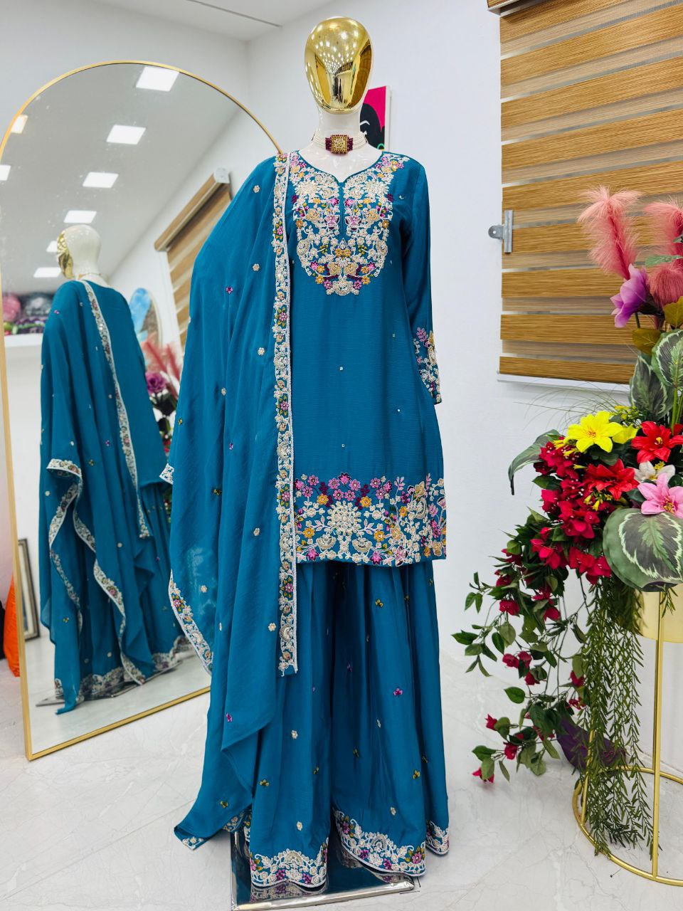 Ravishing Blue Embroidery Work Sharara Suit