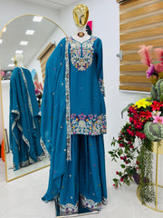 Ravishing Blue Embroidery Work Sharara Suit