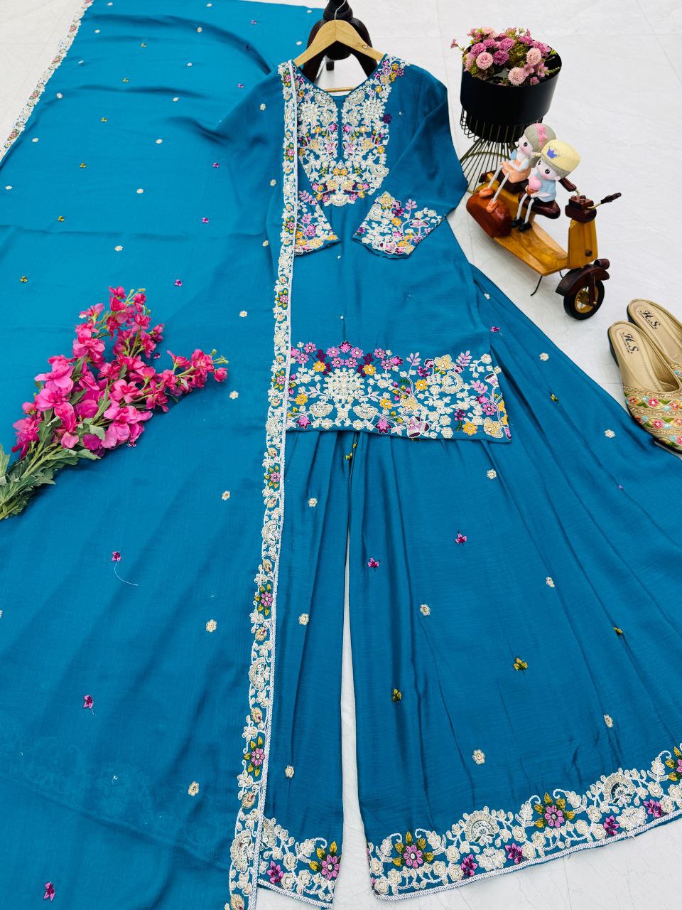 Ravishing Blue Embroidery Work Sharara Suit
