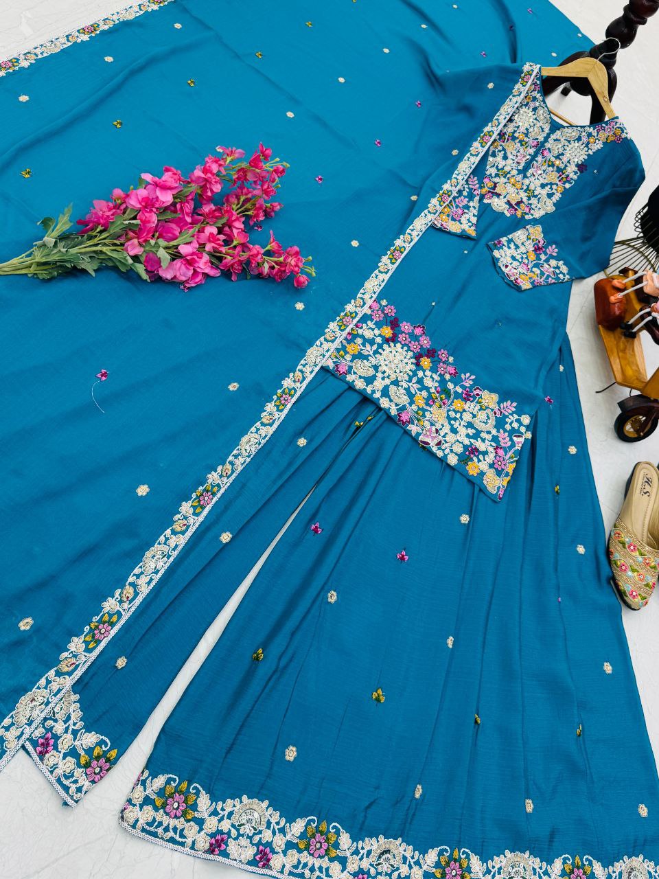 Ravishing Blue Embroidery Work Sharara Suit