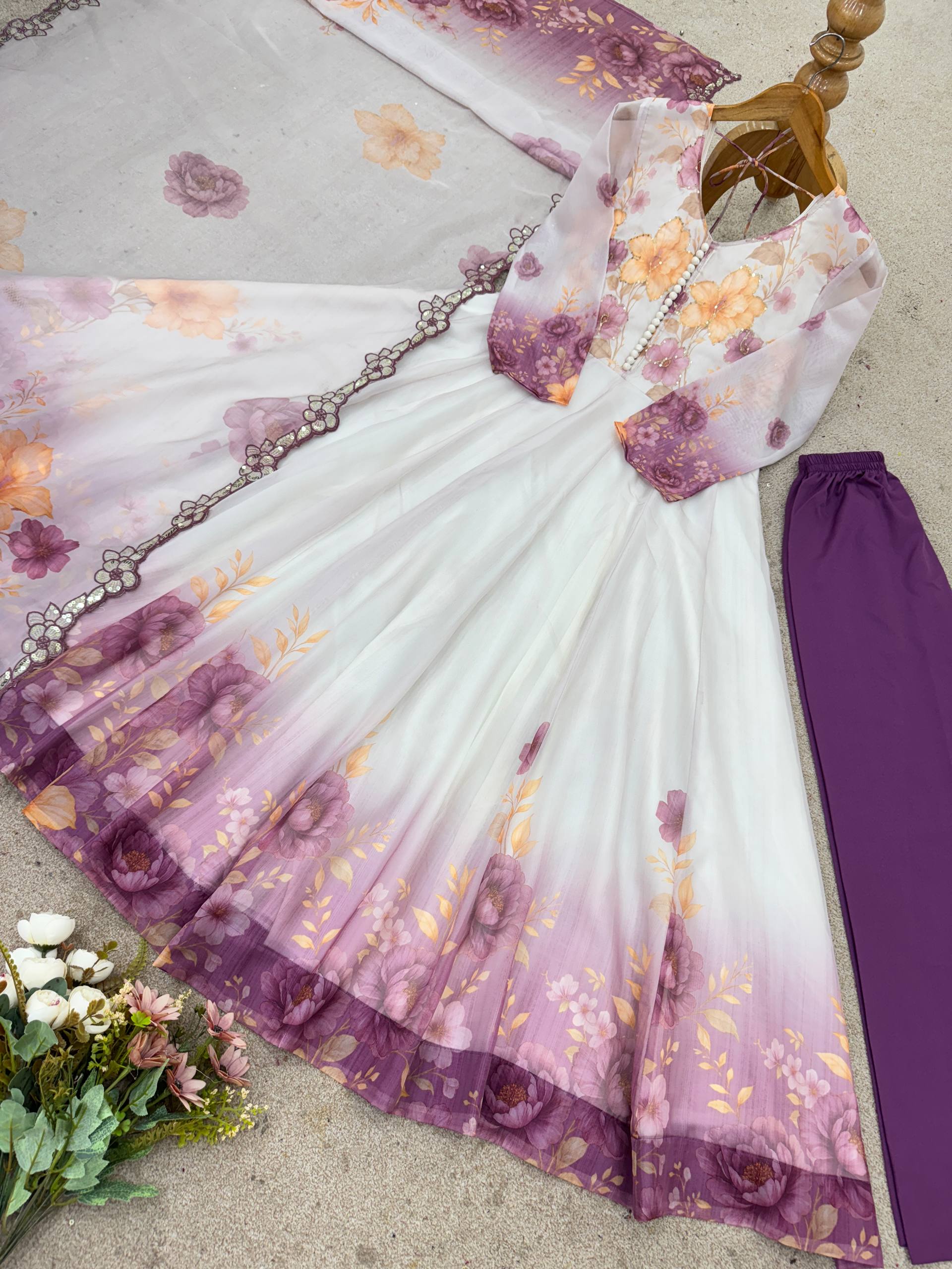 Trendy White Color Embroidery Work Organza Gown