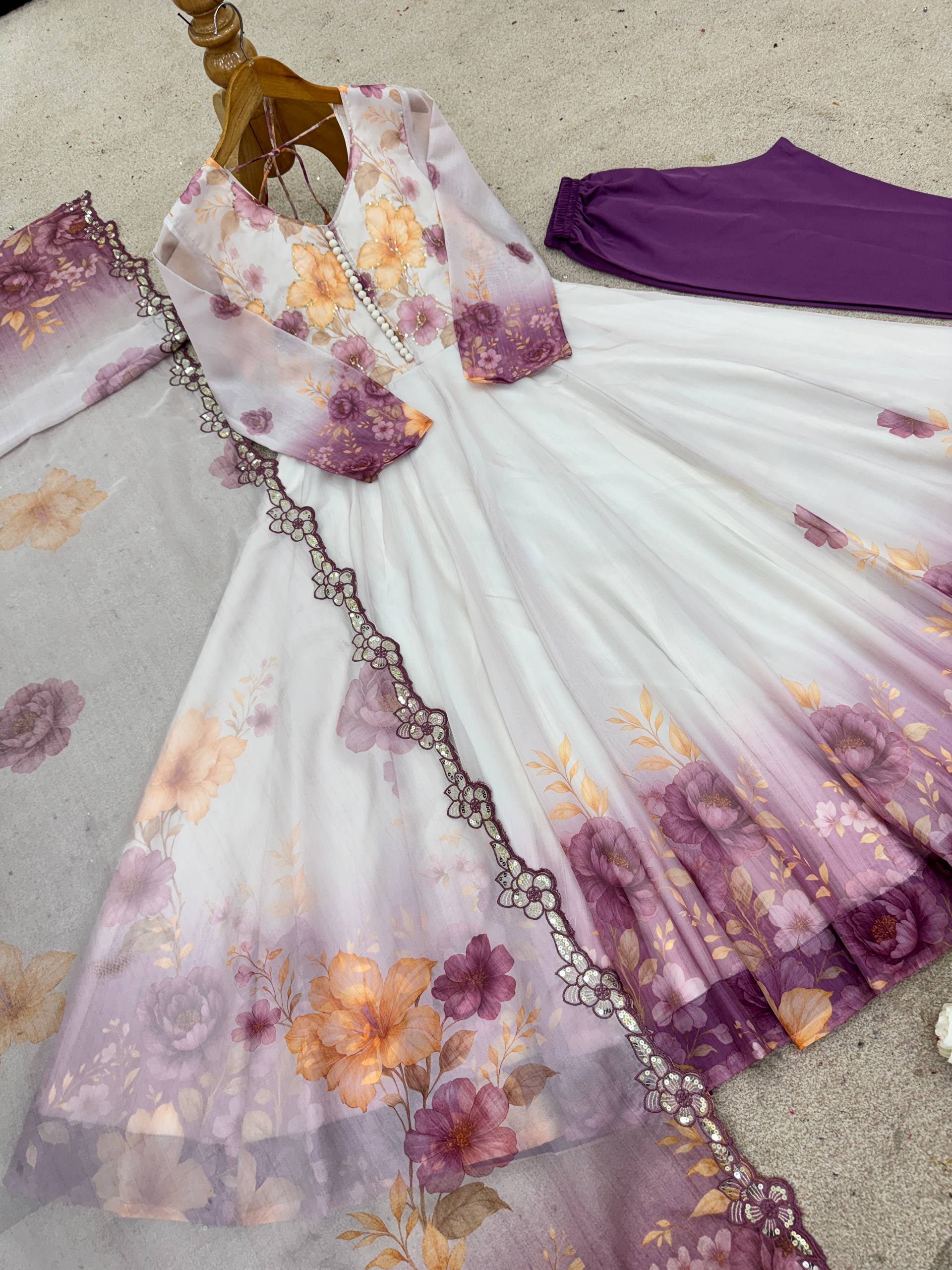 Trendy White Color Embroidery Work Organza Gown