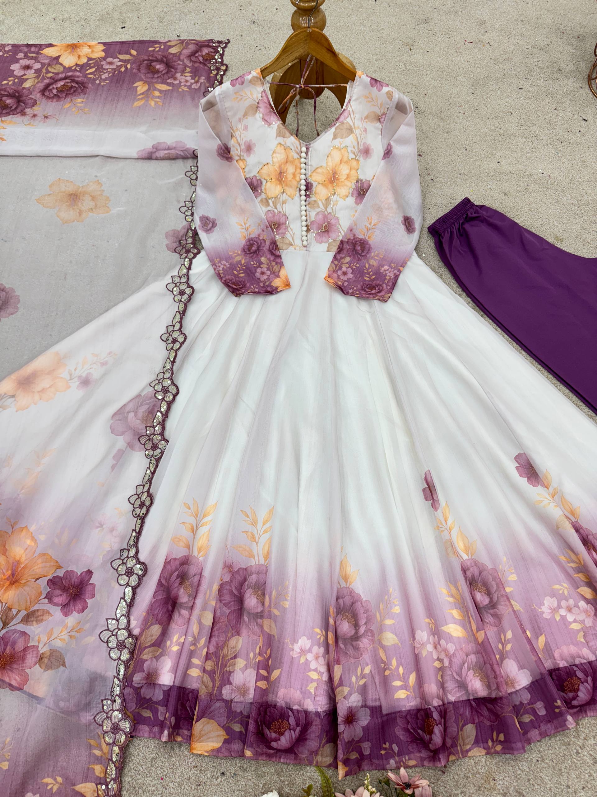 Trendy White Color Embroidery Work Organza Gown