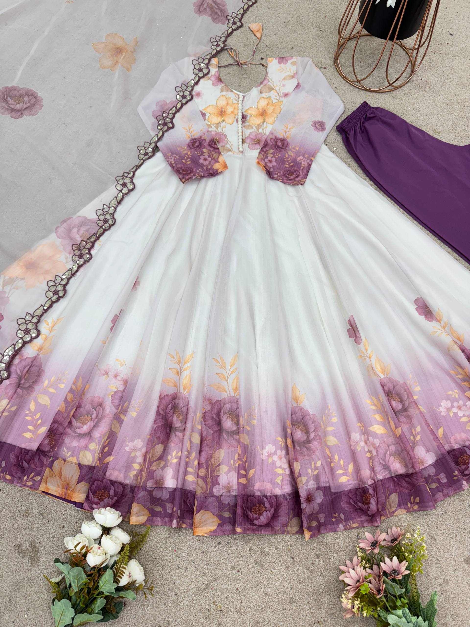 Trendy White Color Embroidery Work Organza Gown