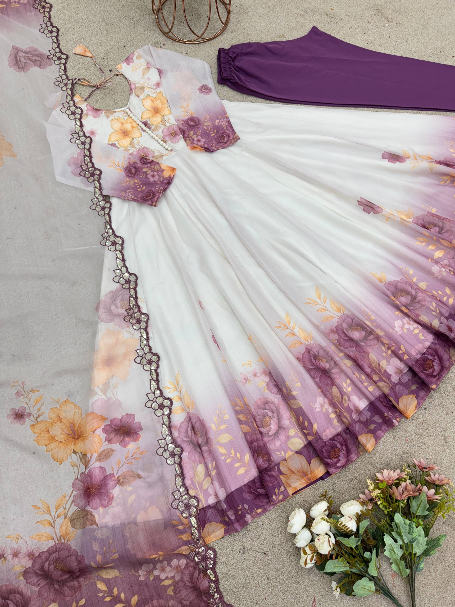 Trendy White Color Embroidery Work Organza Gown