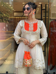 Awesome Orange Color Embroidery Work Co-Ord Set