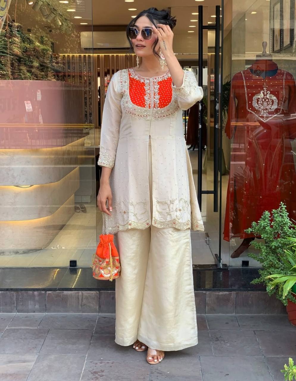 Awesome Orange Color Embroidery Work Co-Ord Set