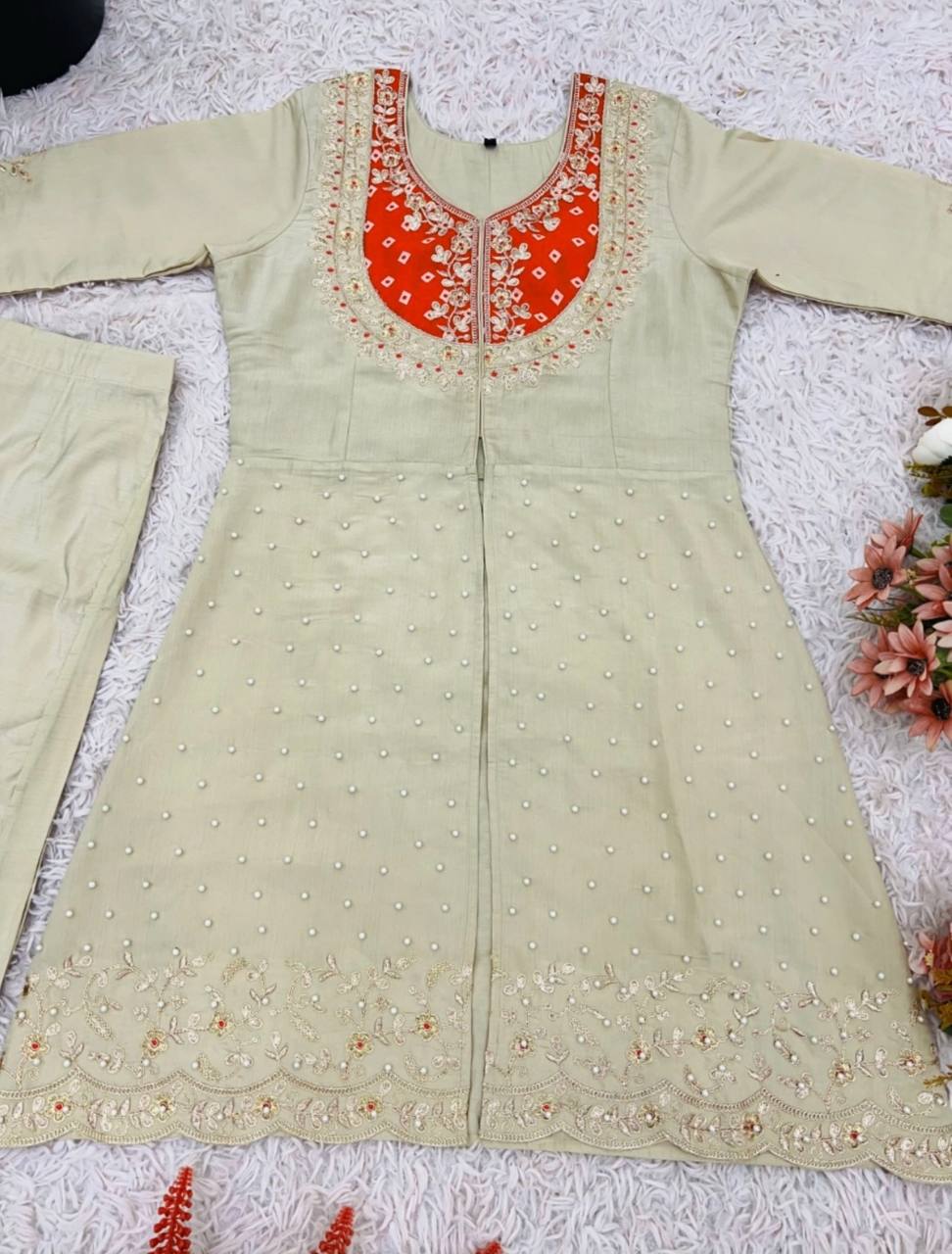 Awesome Orange Color Embroidery Work Co-Ord Set