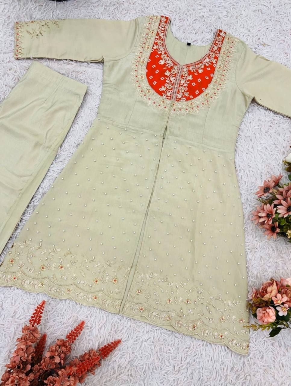 Awesome Orange Color Embroidery Work Co-Ord Set