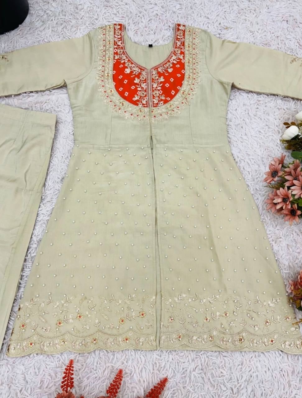 Awesome Orange Color Embroidery Work Co-Ord Set