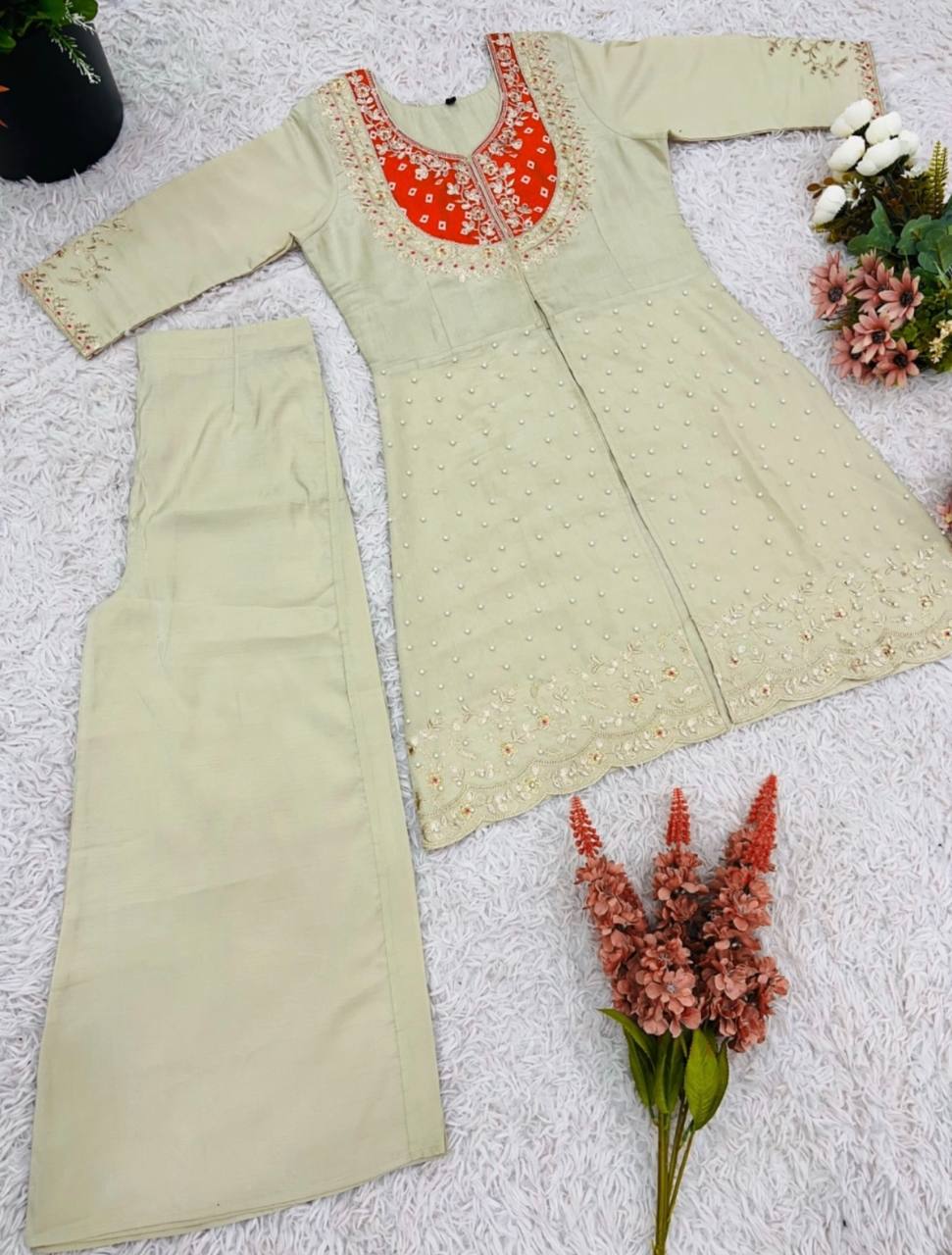 Awesome Orange Color Embroidery Work Co-Ord Set