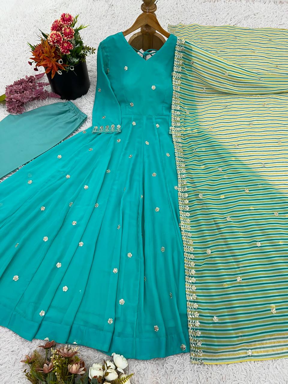 Pretty Sky Blue Color Georgette Palazzo Suit