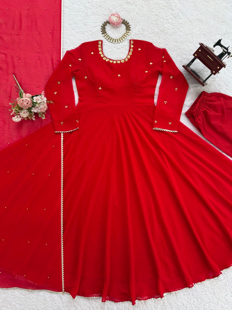 Lovely Red Color Georgette Designer Gown