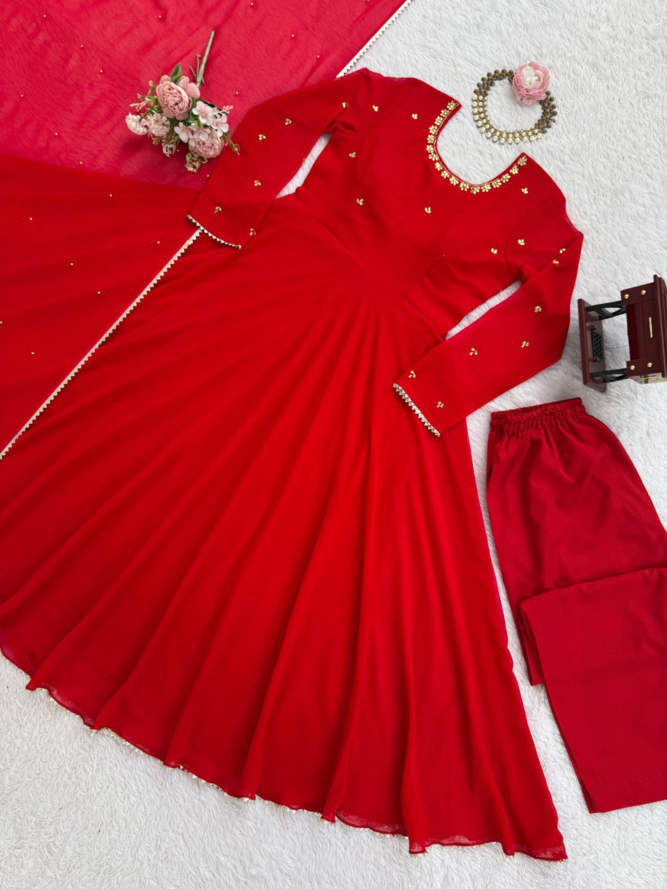 Lovely Red Color Georgette Designer Gown