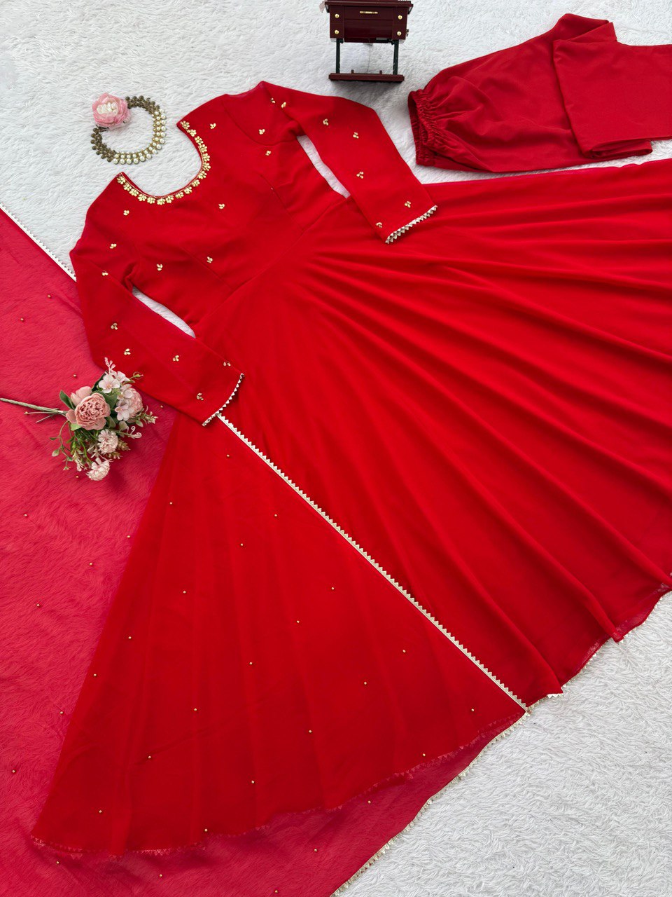 Lovely Red Color Georgette Designer Gown
