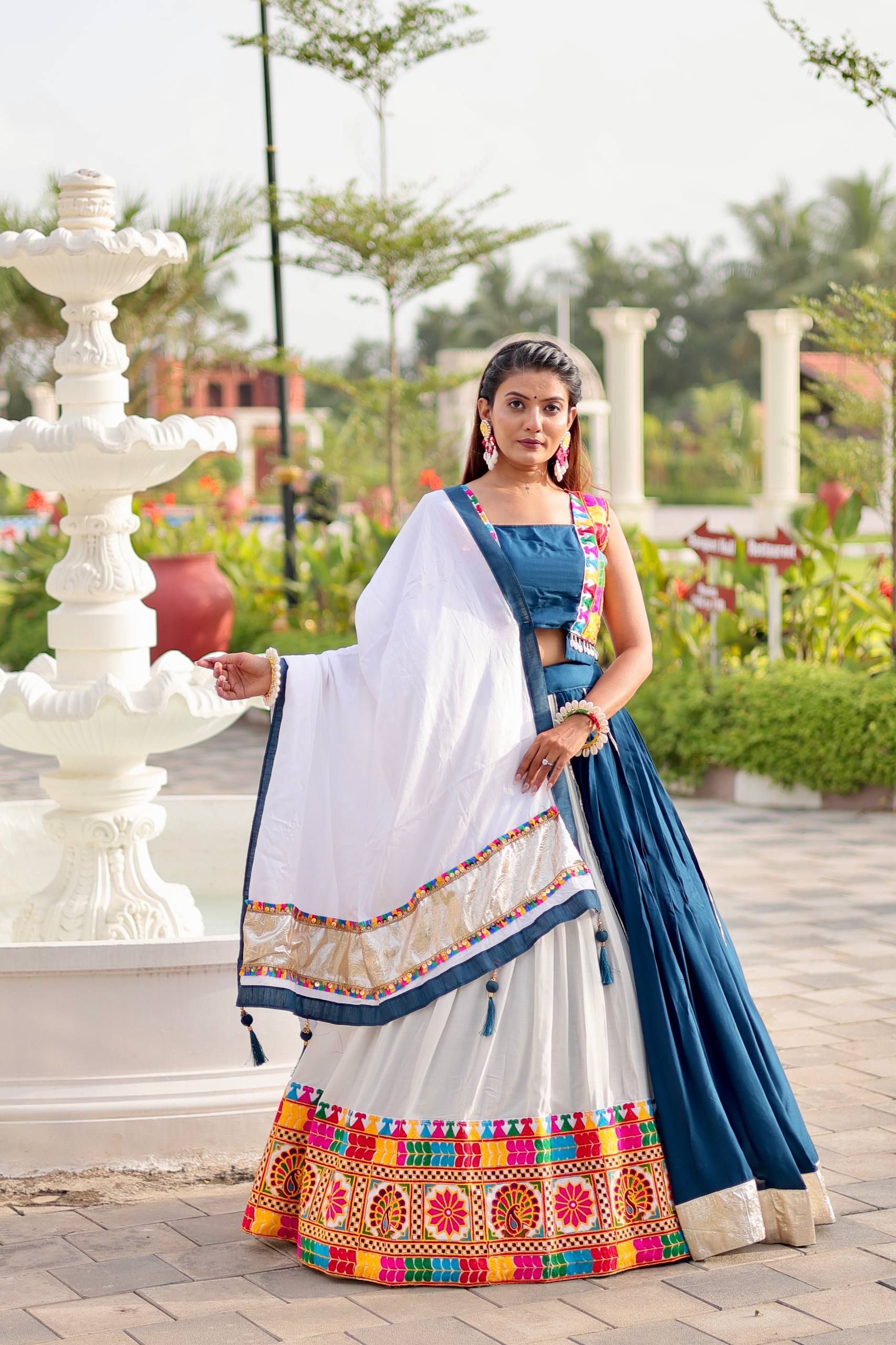 Navratri Collection Teal Blue Cotton Gamthi Work Lehenga Choli