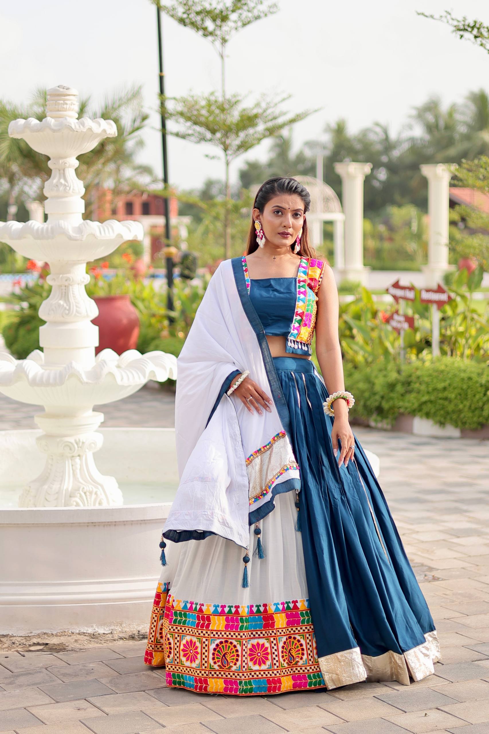 Navratri Collection Teal Blue Cotton Gamthi Work Lehenga Choli