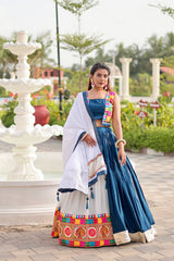 Navratri Collection Teal Blue Cotton Gamthi Work Lehenga Choli
