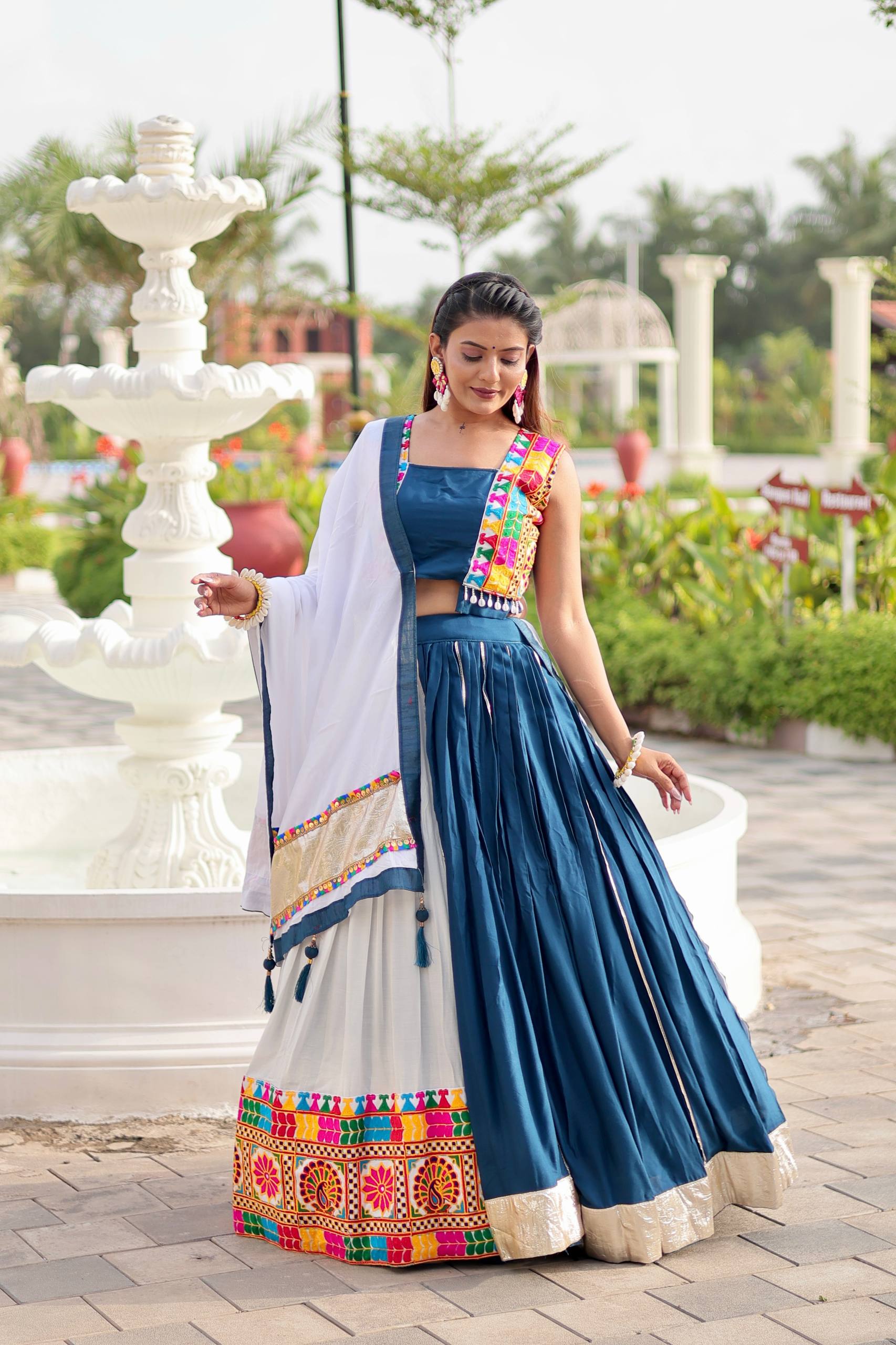 Navratri Collection Teal Blue Cotton Gamthi Work Lehenga Choli