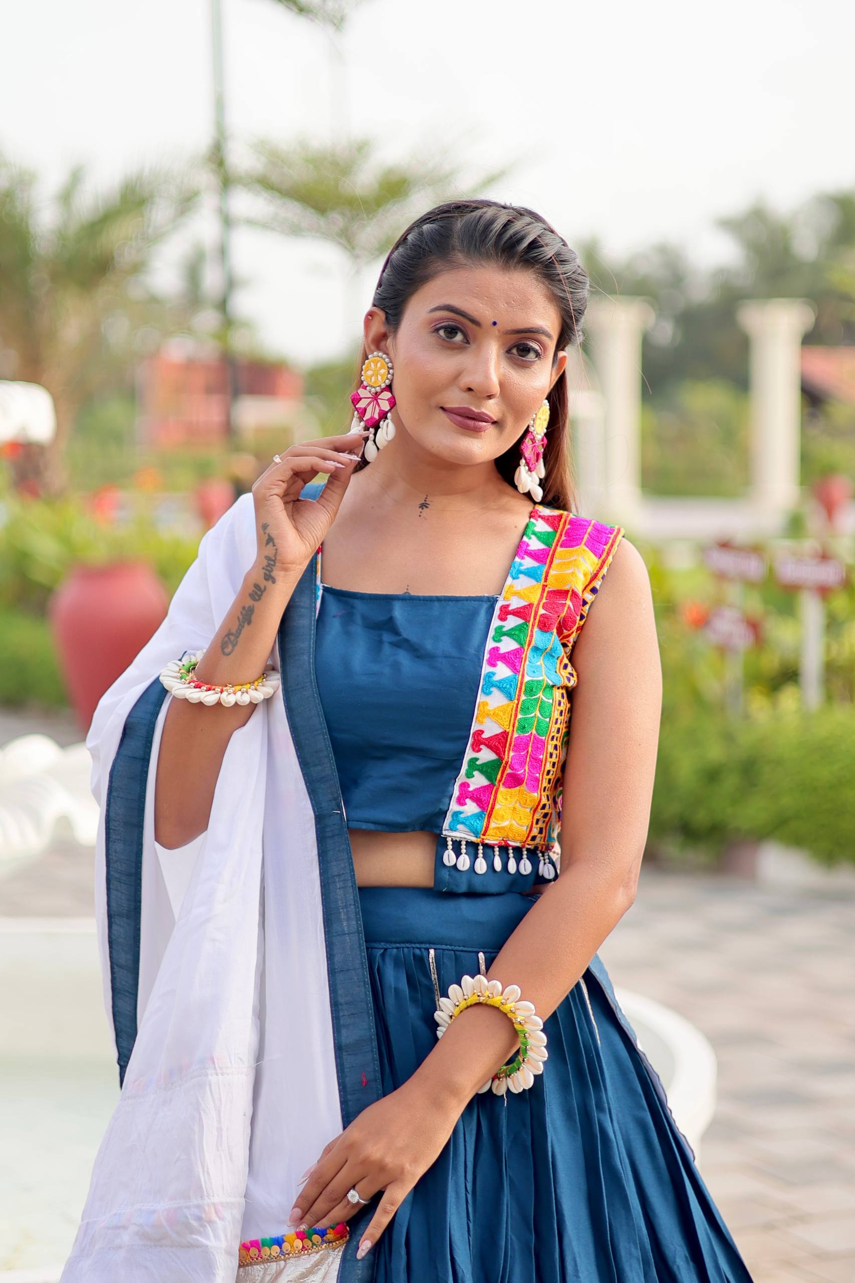 Navratri Collection Teal Blue Cotton Gamthi Work Lehenga Choli