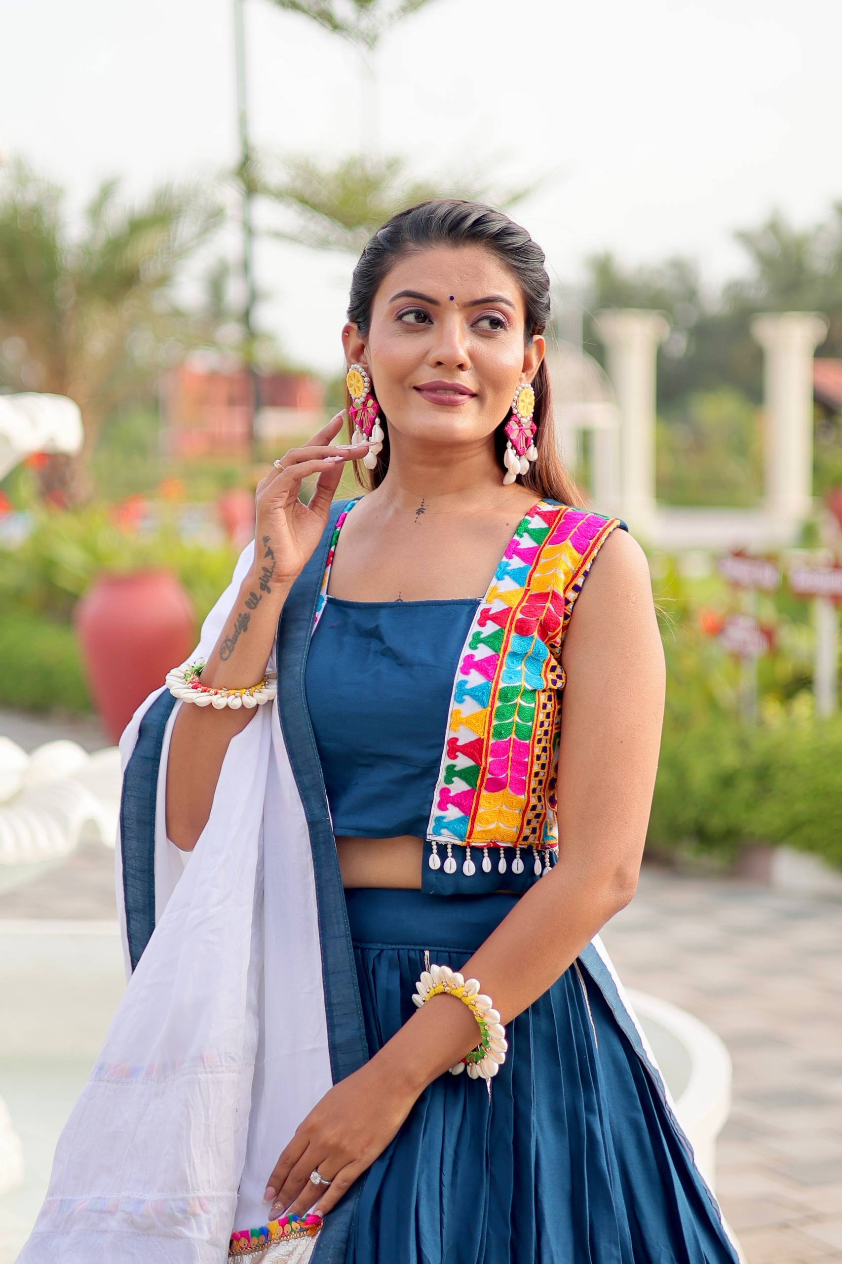 Navratri Collection Teal Blue Cotton Gamthi Work Lehenga Choli