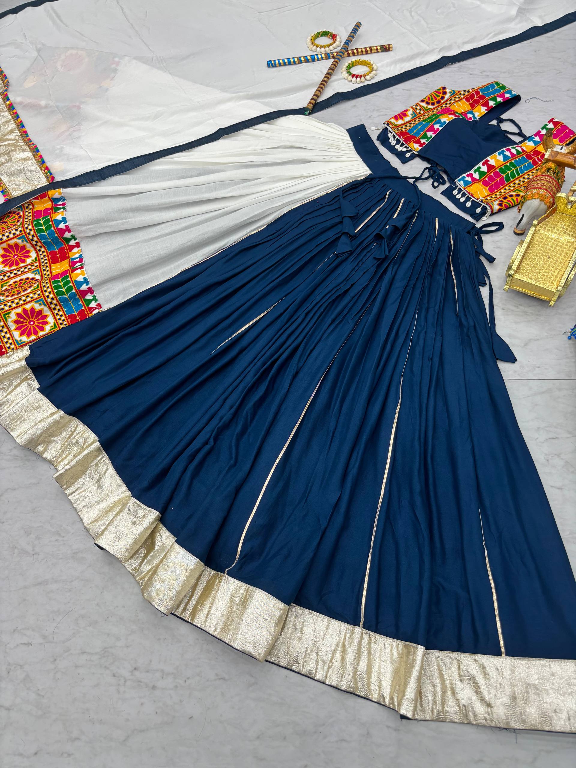 Navratri Collection Teal Blue Cotton Gamthi Work Lehenga Choli