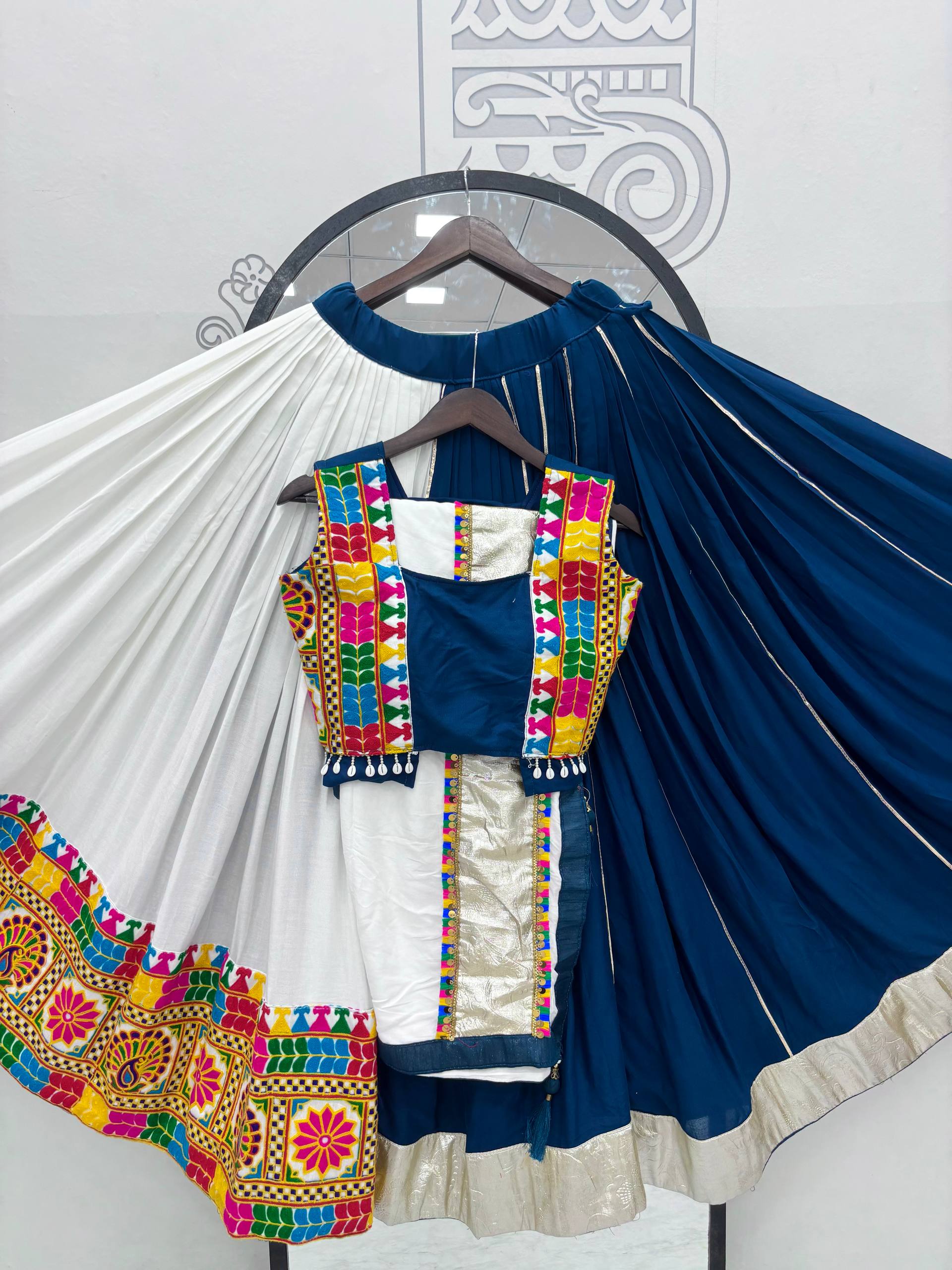 Navratri Collection Teal Blue Cotton Gamthi Work Lehenga Choli