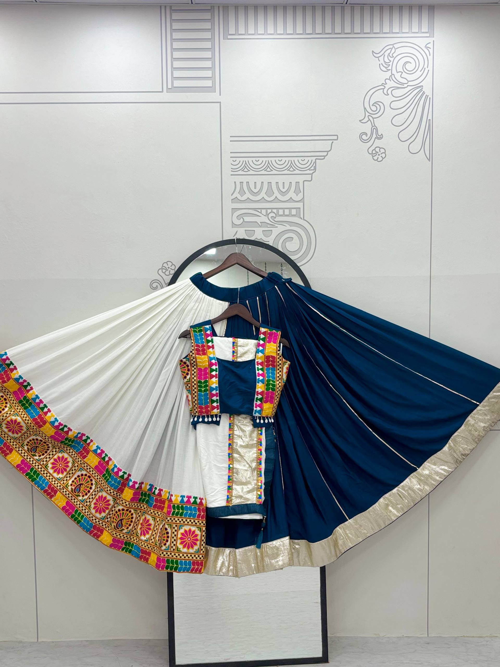 Navratri Collection Teal Blue Cotton Gamthi Work Lehenga Choli