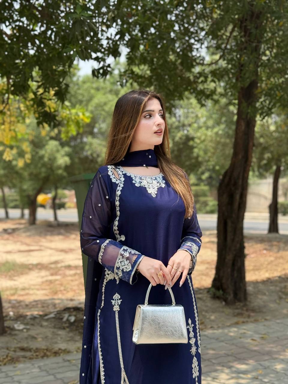 Fancy Navy Blue Embroidery With Sequence Work Georgette Salwar Suit