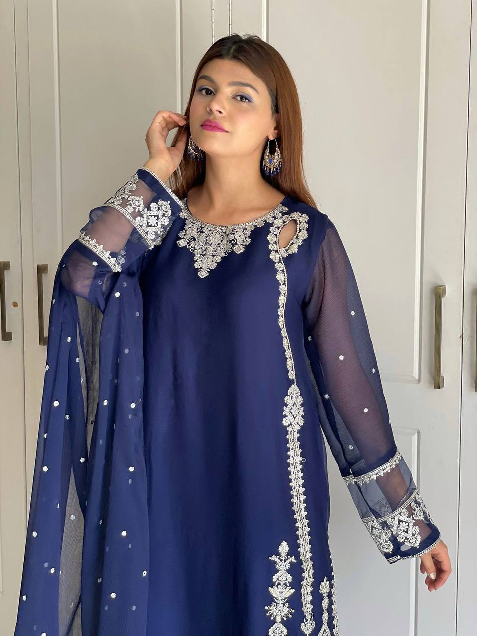 Fancy Navy Blue Embroidery With Sequence Work Georgette Salwar Suit