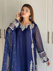 Fancy Navy Blue Embroidery With Sequence Work Georgette Salwar Suit