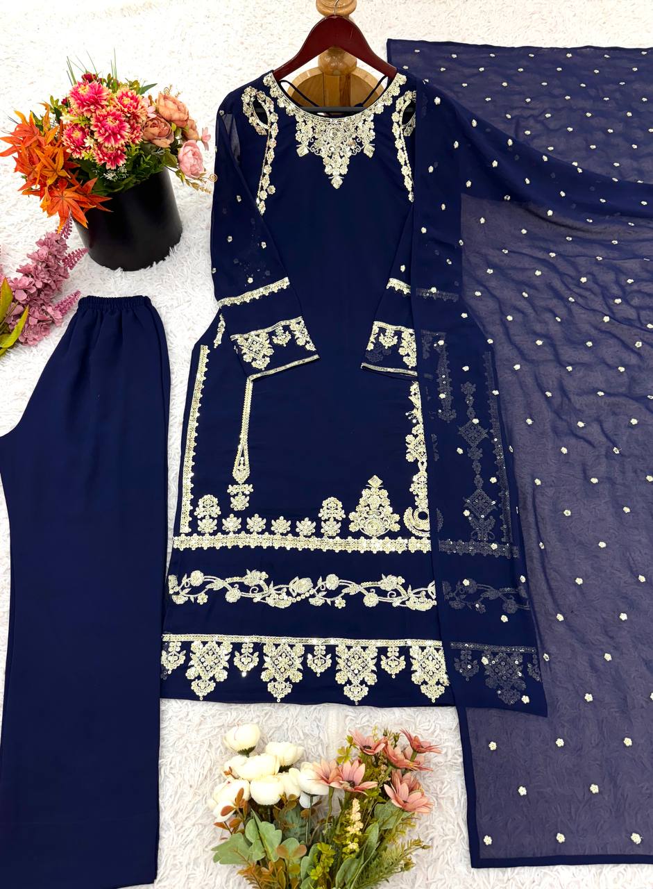 Fancy Navy Blue Embroidery With Sequence Work Georgette Salwar Suit