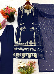 Fancy Navy Blue Embroidery With Sequence Work Georgette Salwar Suit