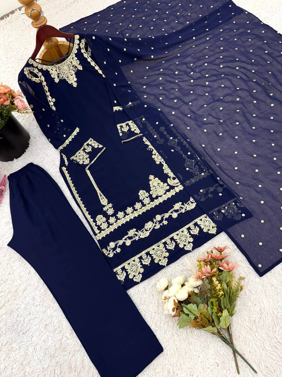 Fancy Navy Blue Embroidery With Sequence Work Georgette Salwar Suit