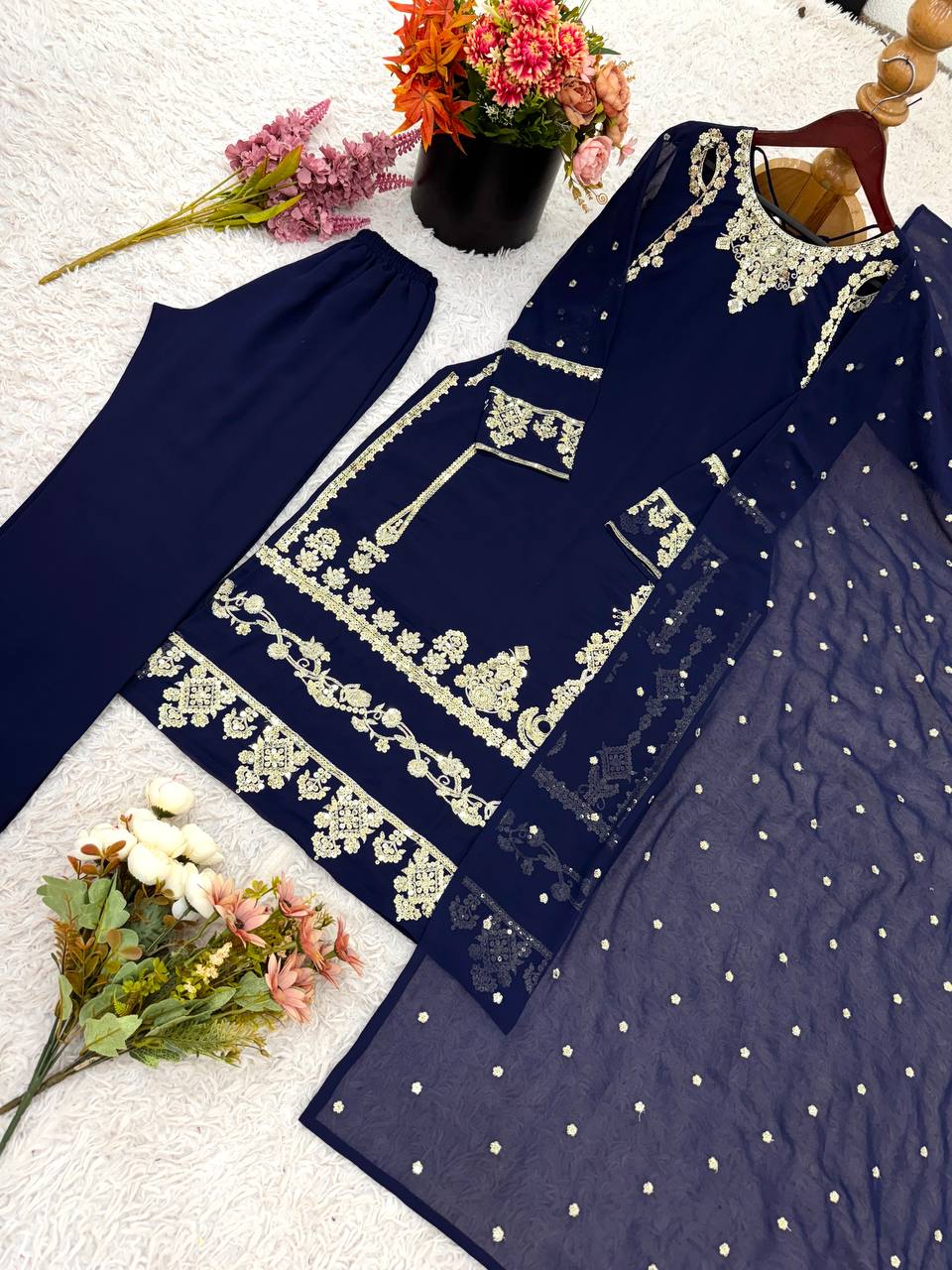 Fancy Navy Blue Embroidery With Sequence Work Georgette Salwar Suit