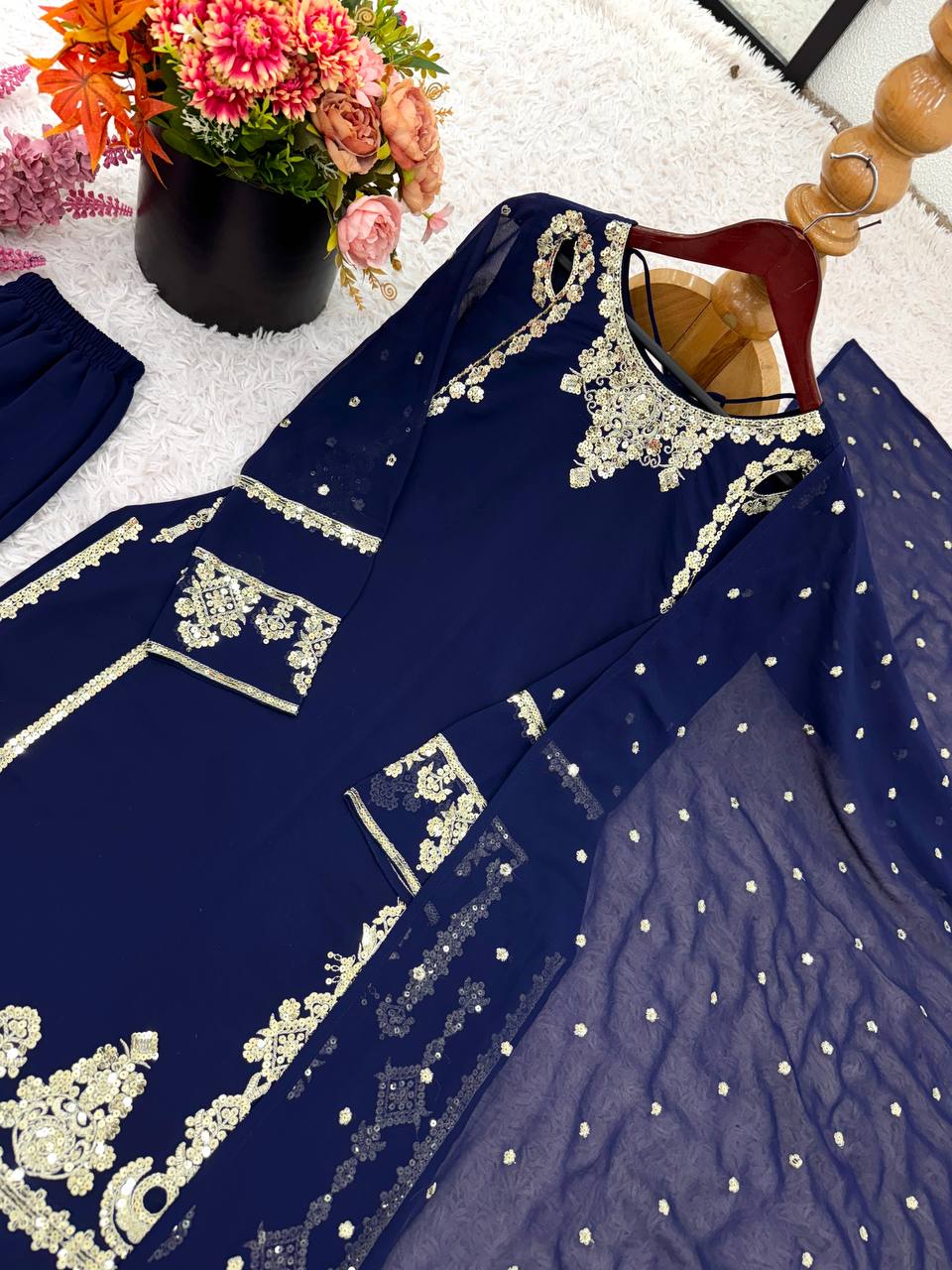 Fancy Navy Blue Embroidery With Sequence Work Georgette Salwar Suit