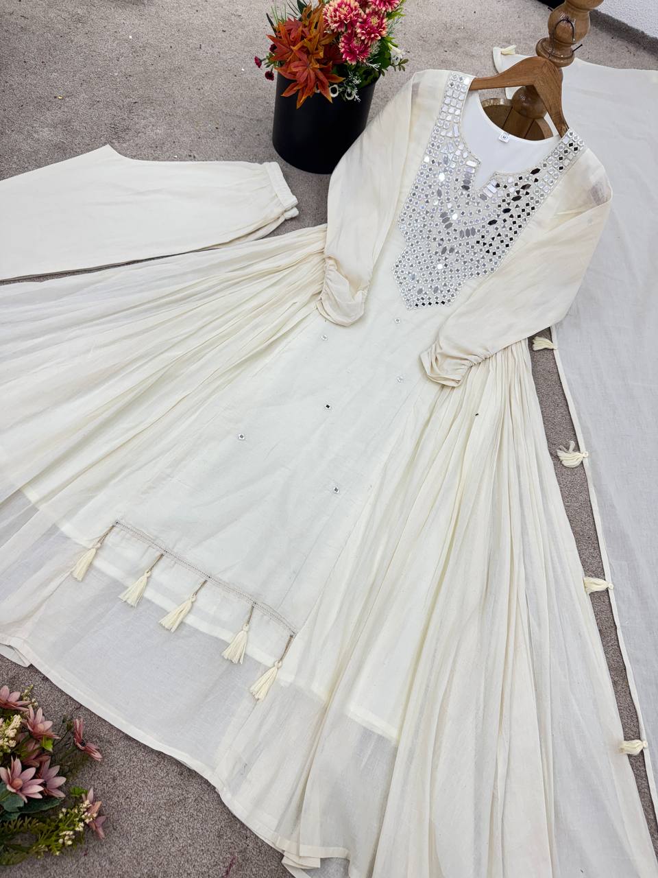 Amazing White Color Mirror Work Gown