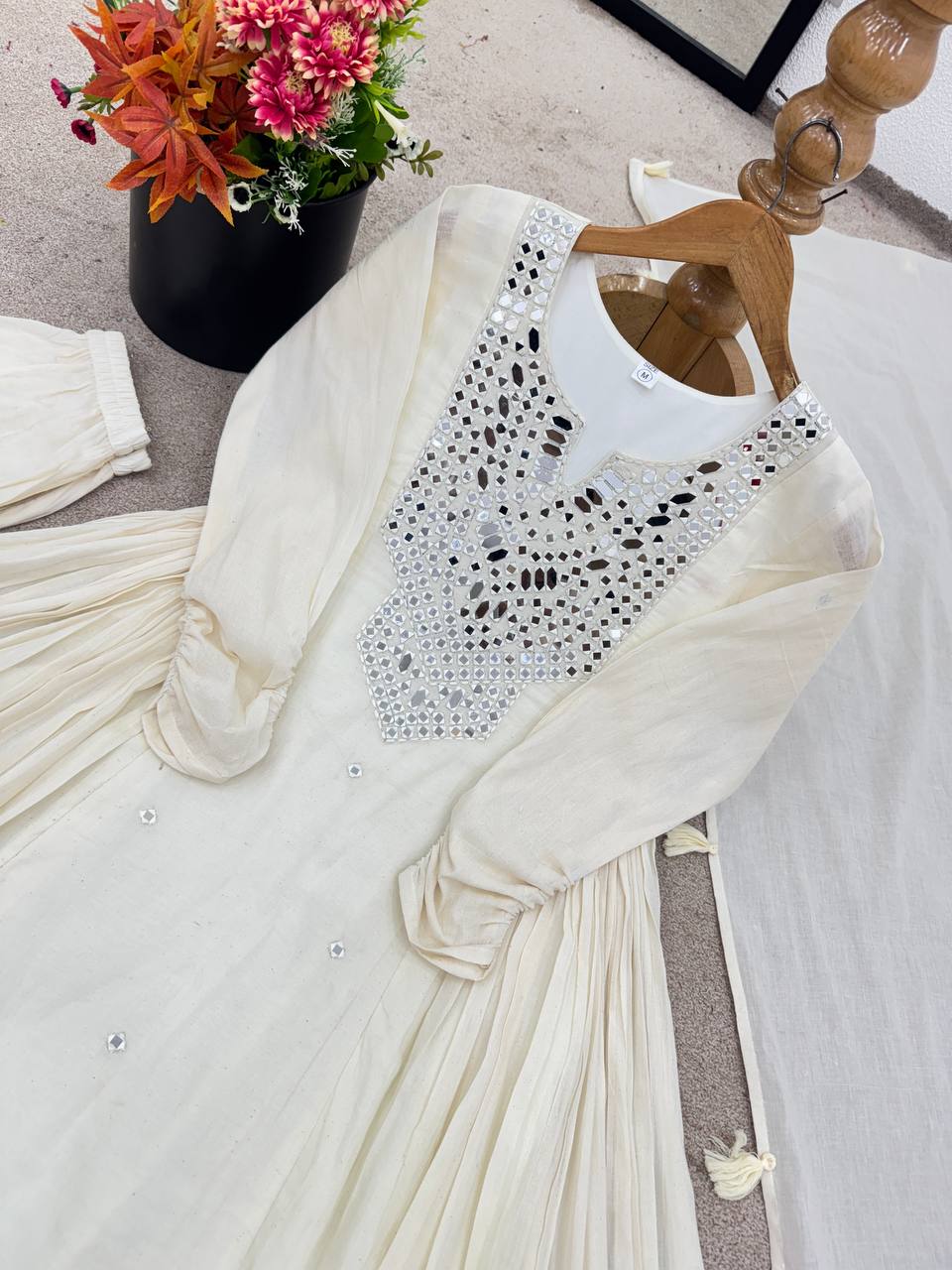 Amazing White Color Mirror Work Gown