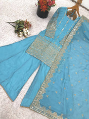 Awesome Sky Blue Color Embroidery Work Sharara Suit