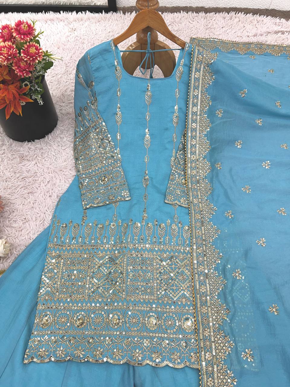 Awesome Sky Blue Color Embroidery Work Sharara Suit