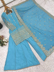 Awesome Sky Blue Color Embroidery Work Sharara Suit