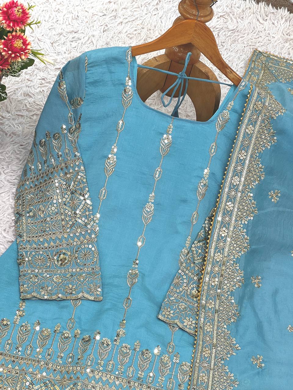 Awesome Sky Blue Color Embroidery Work Sharara Suit