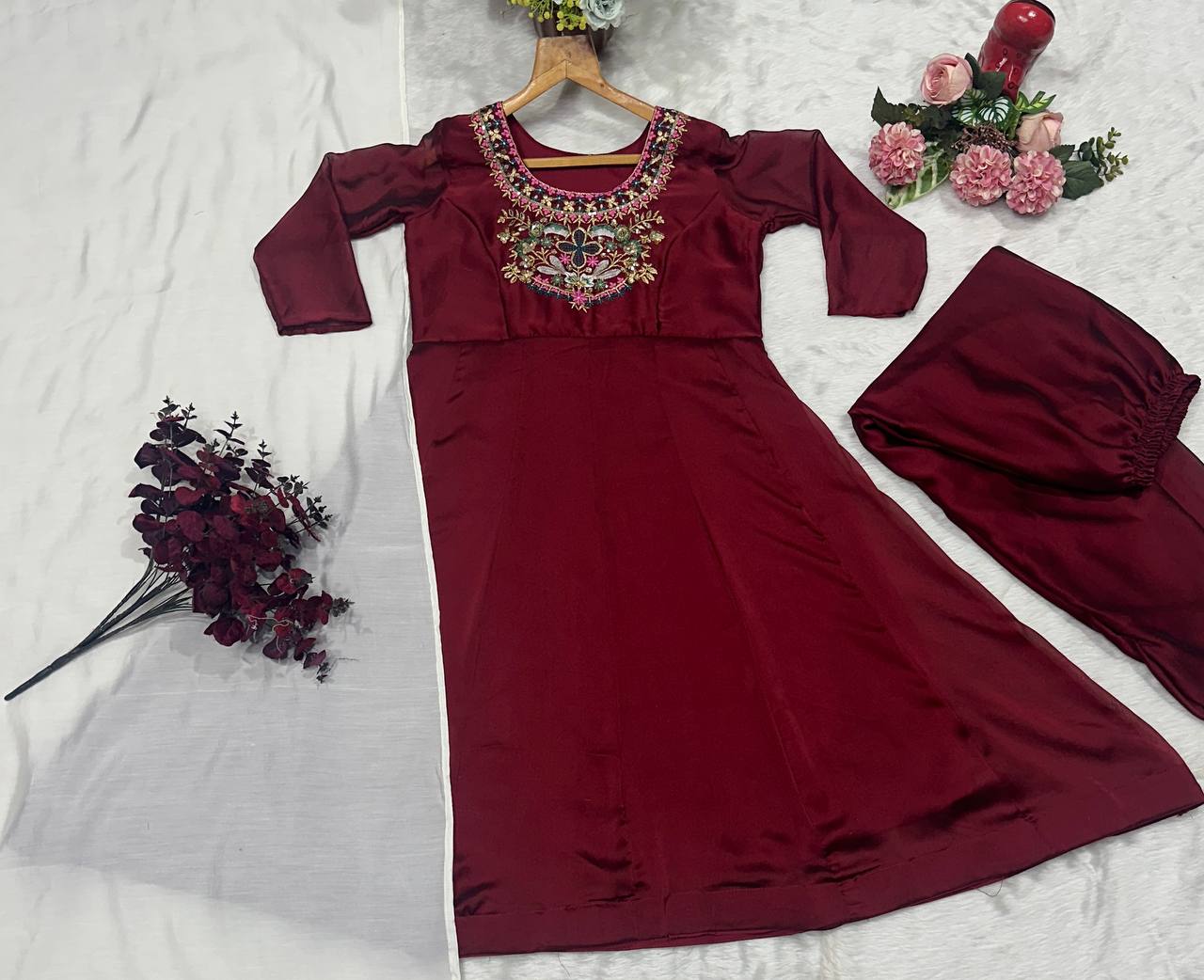 Trendy Maroon Color Thread Embroidered Work Anarkali Suit