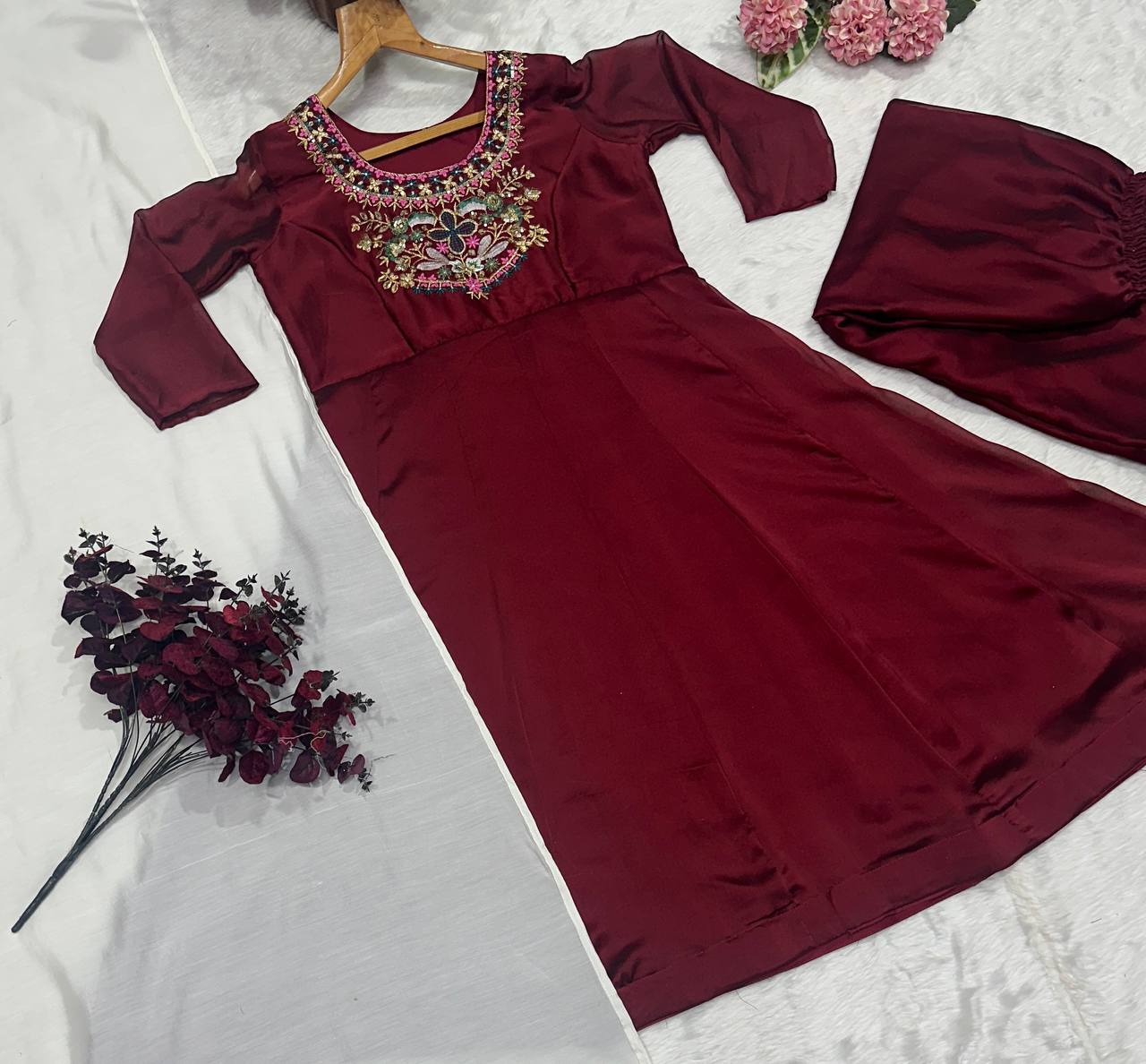 Trendy Maroon Color Thread Embroidered Work Anarkali Suit
