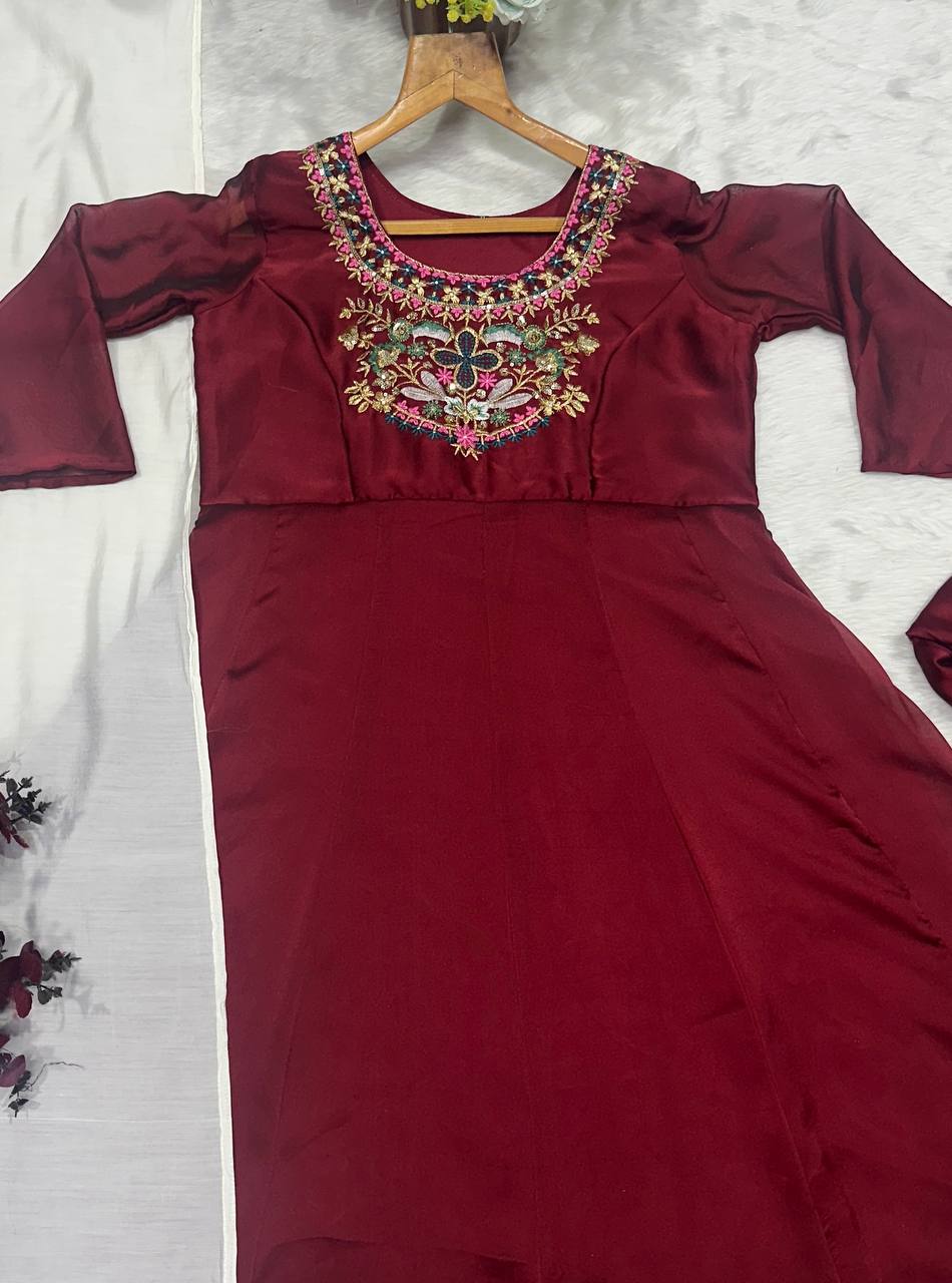 Trendy Maroon Color Thread Embroidered Work Anarkali Suit