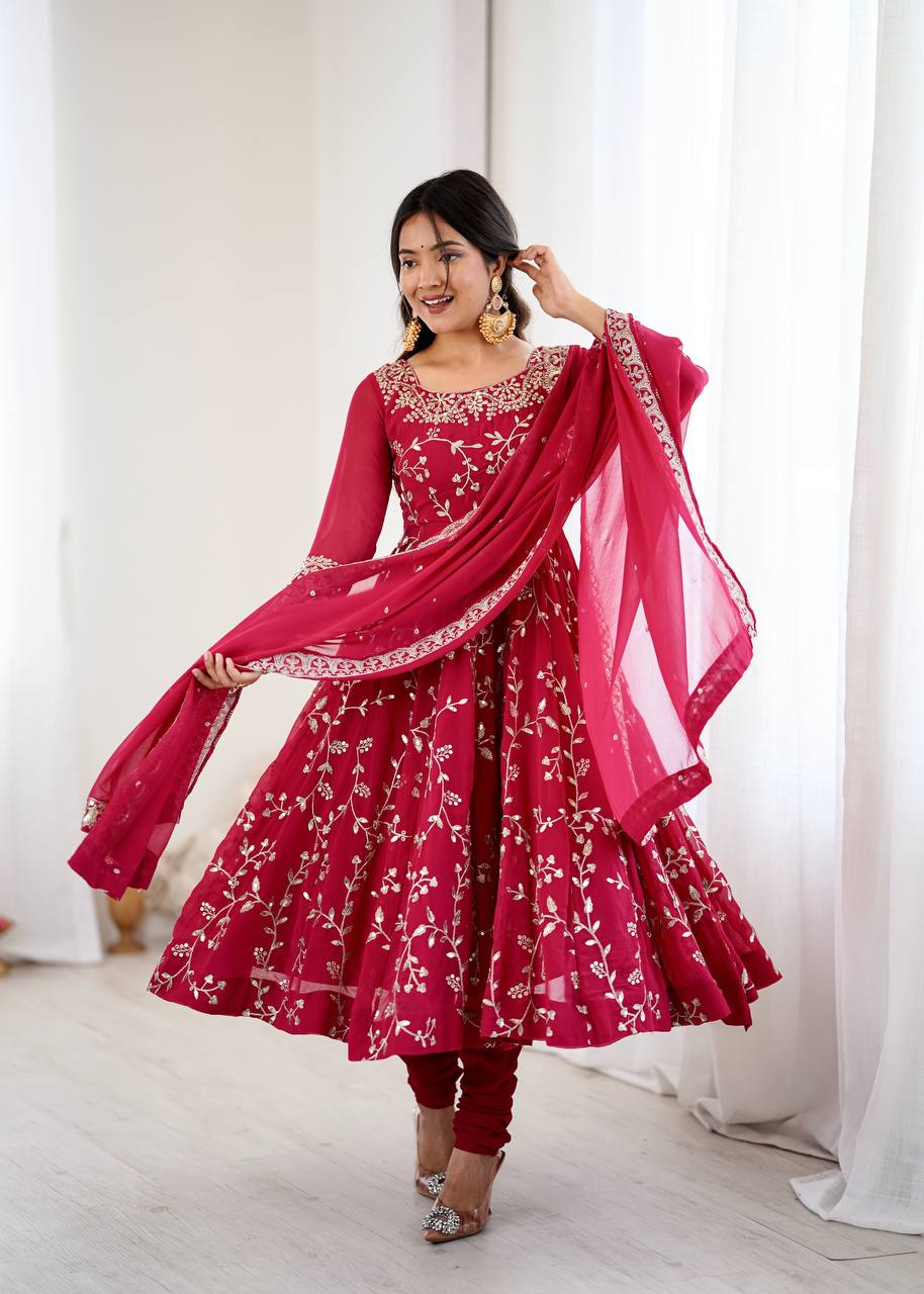Ravishing Red Color Embroidery Work Georgette Gown