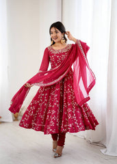 Ravishing Red Color Embroidery Work Georgette Gown