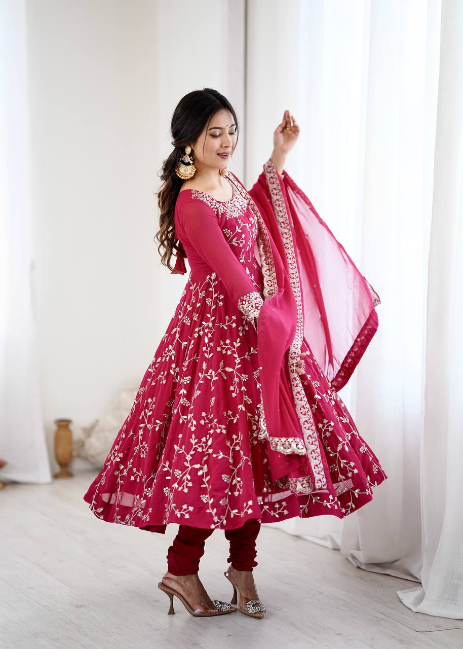 Ravishing Red Color Embroidery Work Georgette Gown